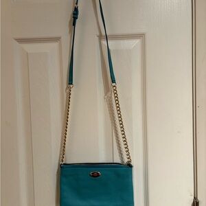 Coach Teal Crossbody Bag with leather/Gold chain strap.